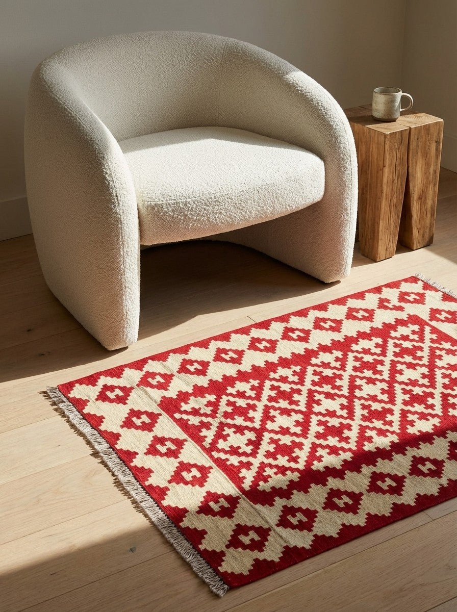 Kelim Gashgai — Handmade, 105x152 cm, Red, 100% Virgin Wool | Detail view