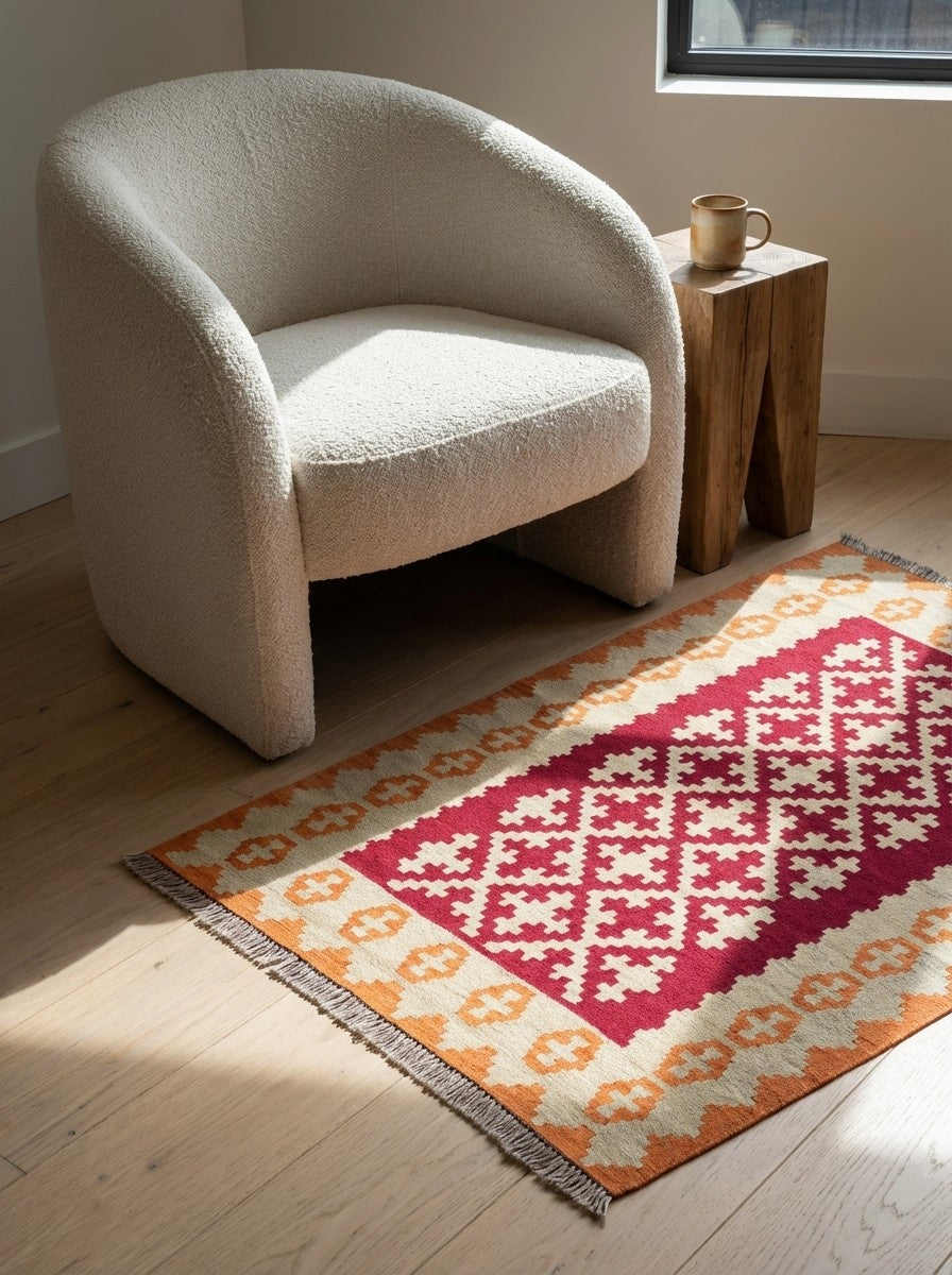 Kelim Gashgai — Handmade, 105x151 cm, Red, 100% Virgin Wool | Detail view