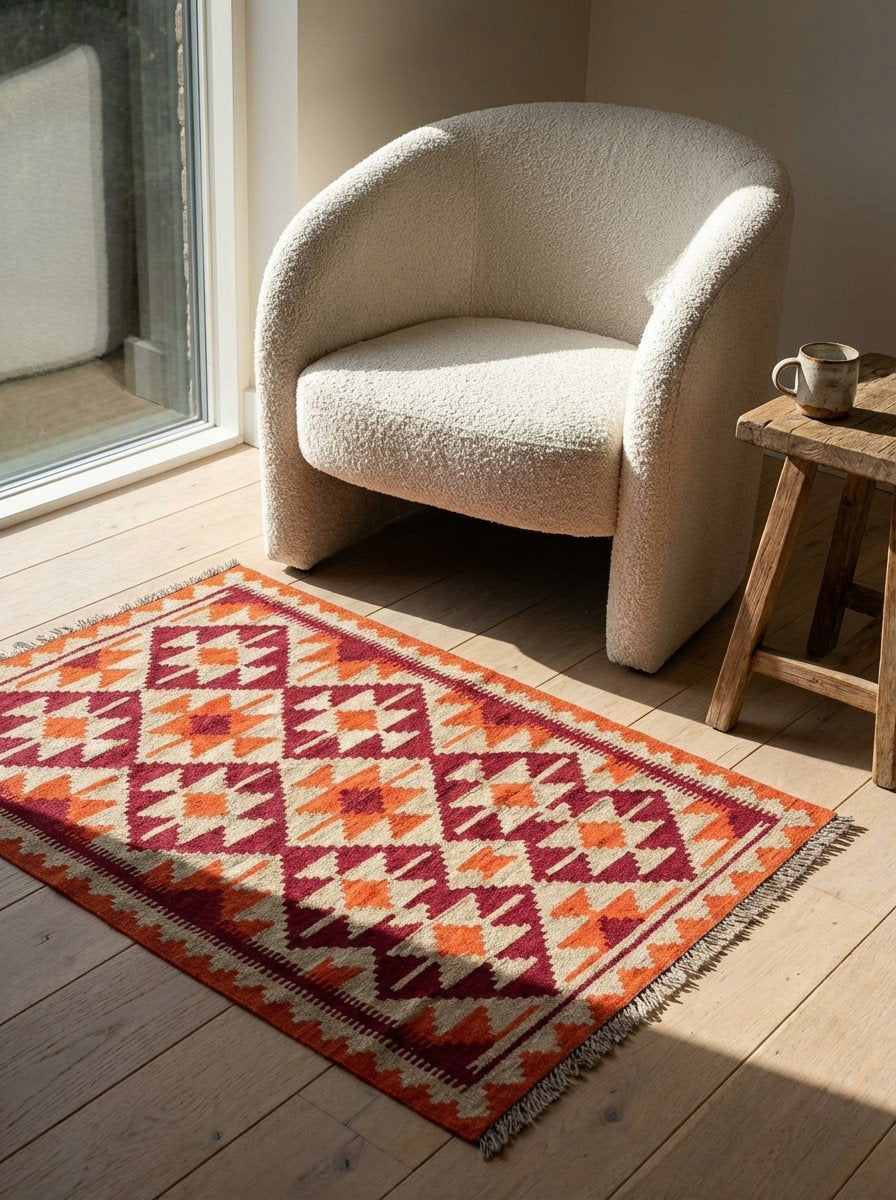 Kelim Gashgai — Handgefertigt, 150x104 cm, Beige, 100% Virgin Wool | Detail view