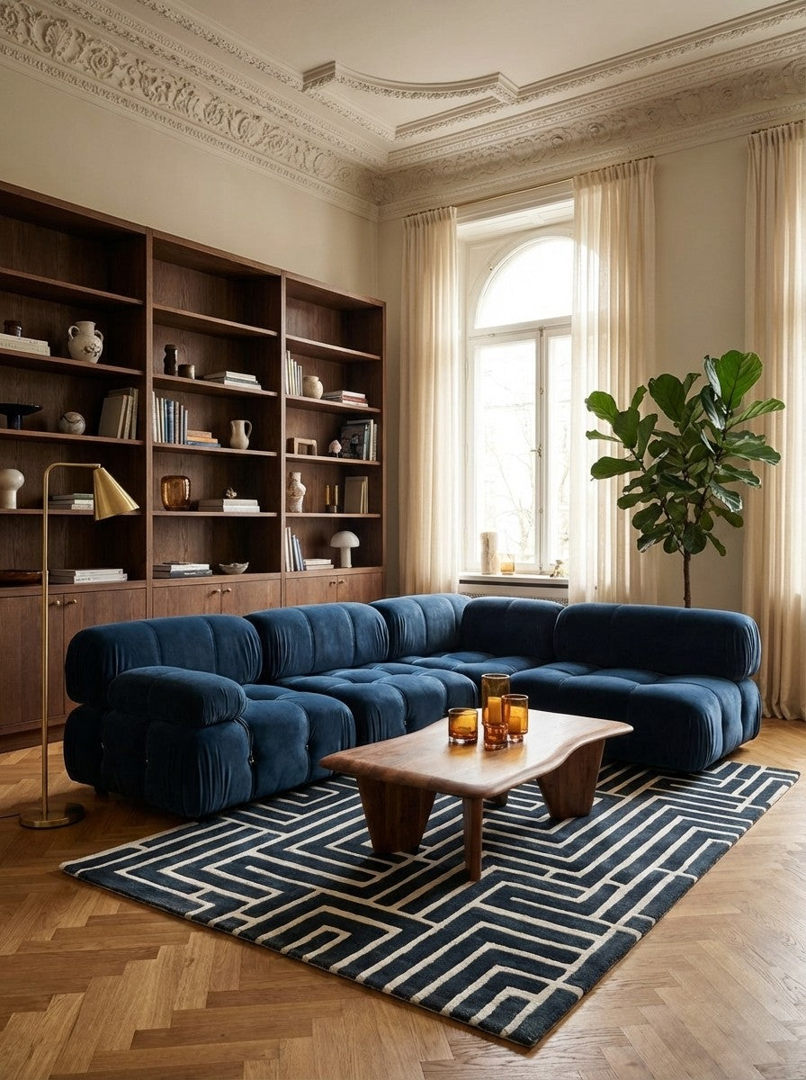 Skyline — Hand-knotted, 120x180 cm, Blue, 50% Schurwolle, 50% Viskose | Back view