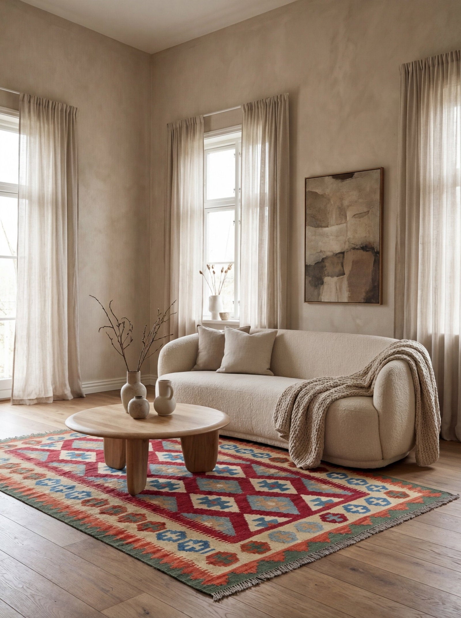 Kelim Gashgai — Handgefertigt, 175x123 cm, Beige, 100% Virgin Wool | Detail view