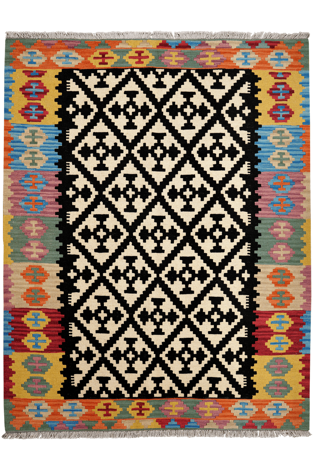 Kelim Gashgai — Handmade, 156x202 cm, Black, 100% Virgin Wool | Main view
