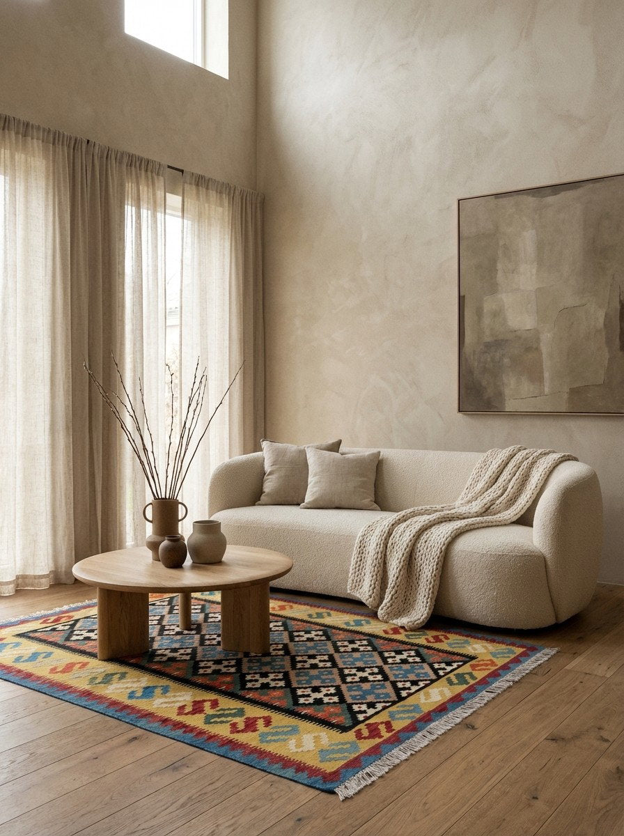 Kelim Gashgai — Handgefertigt, 192x153 cm, Gelb, 100% Virgin Wool | Detail view