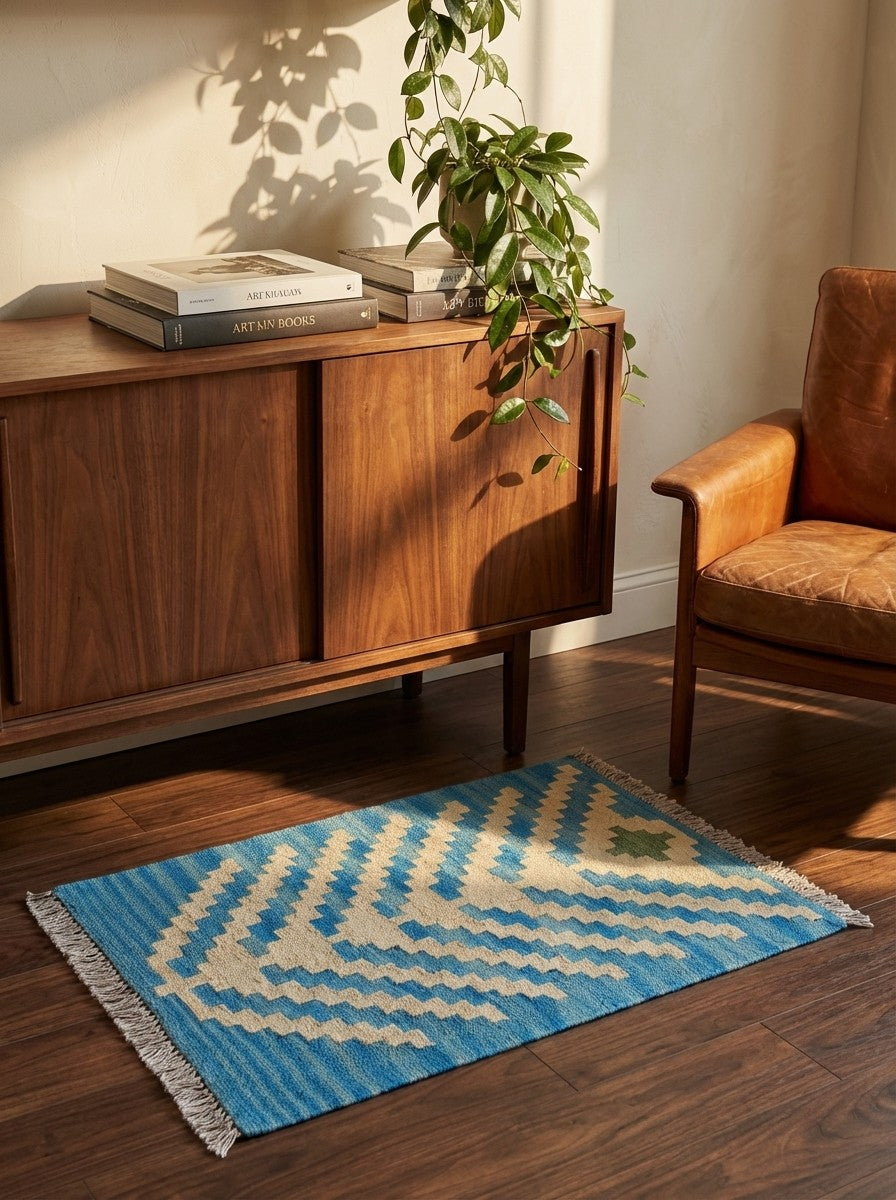 Kelim Gashgai — Handmade, 39x58 cm, Blue, 100% Virgin Wool | Back view