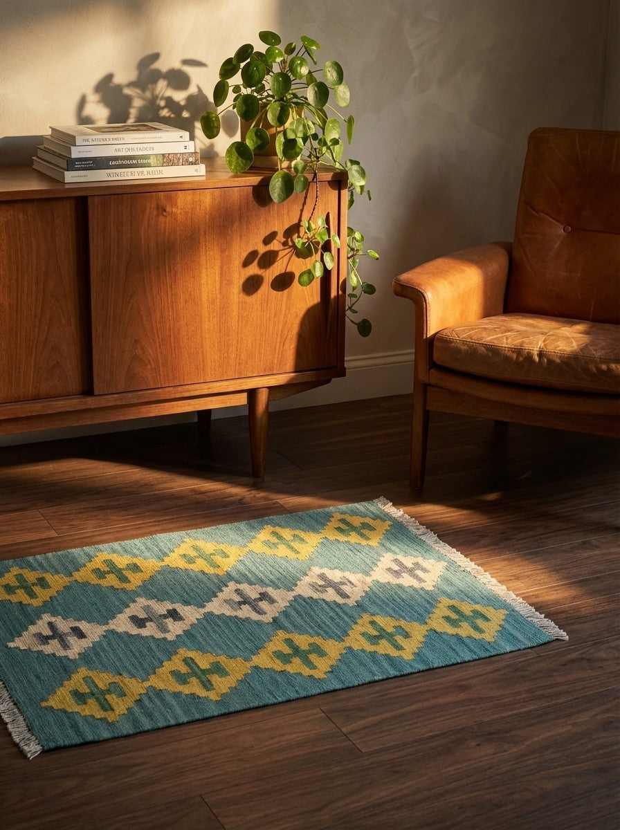 Kelim Gashgai — Handmade, 63x88 cm, Blue, 100% Virgin Wool | Back view