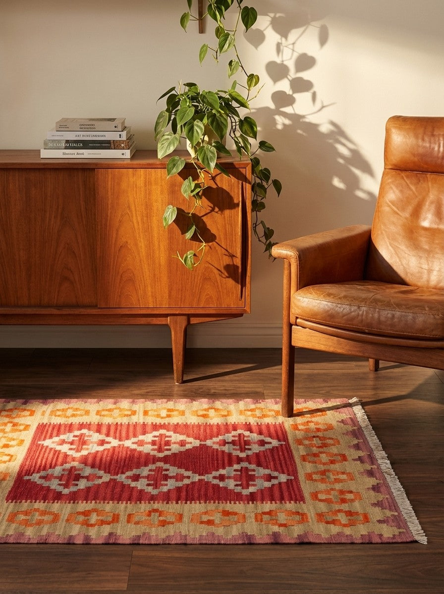 Kelim Gashgai — Handmade, 85x111 cm, Red, 100% Virgin Wool | Back view