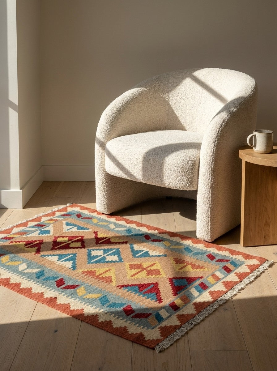 Kelim Gashgai — Handmade, 104x147 cm, Beige, 100% Virgin Wool | Detail view