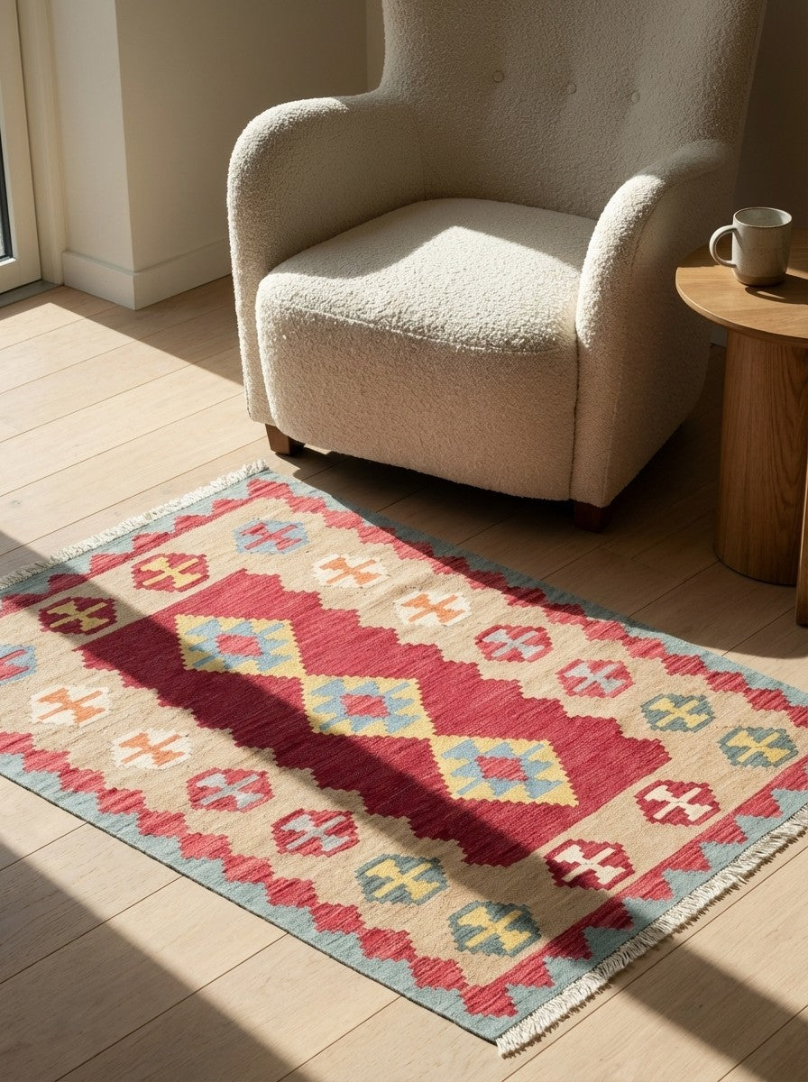 Kelim Gashgai — Handmade, 109x164 cm, Red, 100% Virgin Wool | Detail view