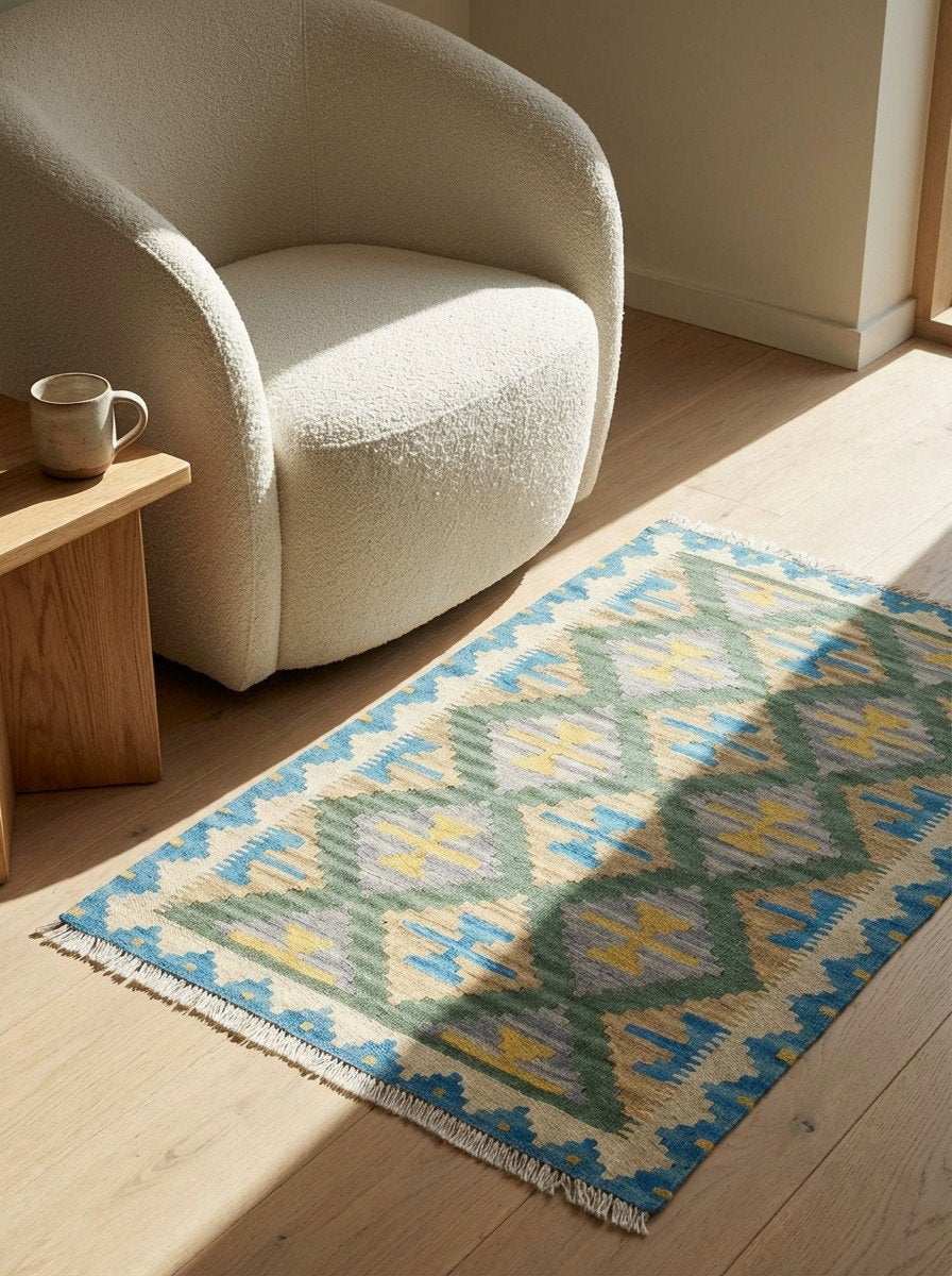 Kelim Gashgai — Handgefertigt, 119x80 cm, Beige, 100% Virgin Wool | Detail view