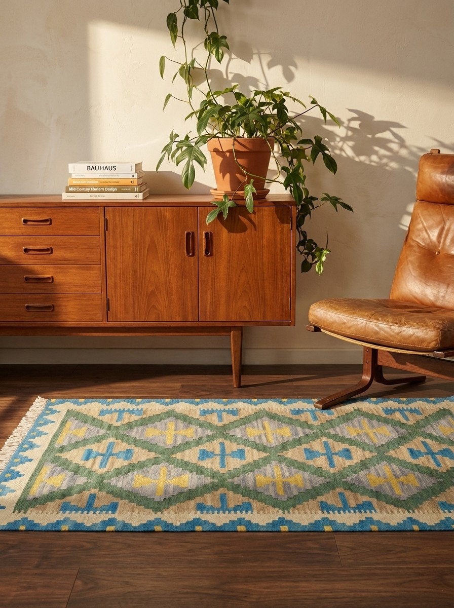 Kelim Gashgai — Handgefertigt, 119x80 cm, Beige, 100% Virgin Wool | Back view