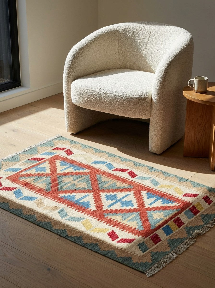 Kelim Gashgai — Handmade, 84x127 cm, Red, 100% Virgin Wool | Detail view