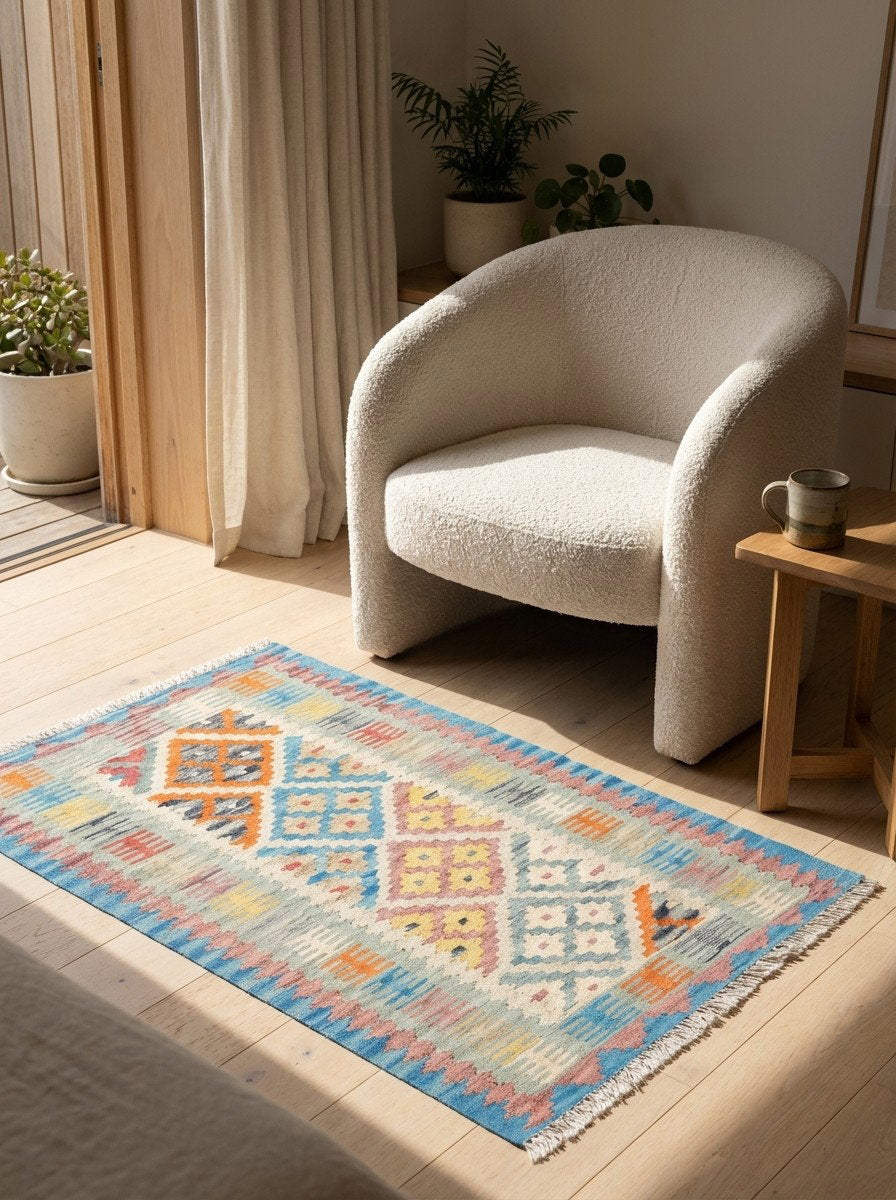 Kelim Gashgai — Handgefertigt, 127x84 cm, Grau, 100% Virgin Wool | Detail view