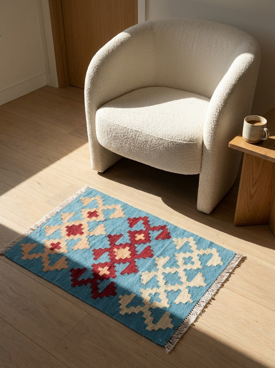Kelim Gashgai — Handmade, 42x62 cm, Blue, 100% Virgin Wool | Detail view