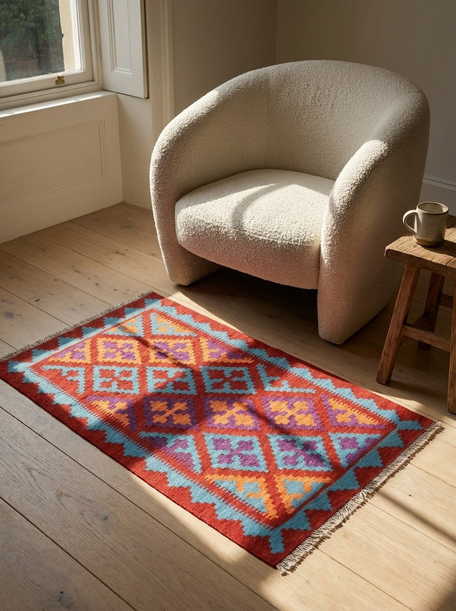 Kelim Gashgai — Handmade, 88x132 cm, Red, 100% Virgin Wool | Detail view
