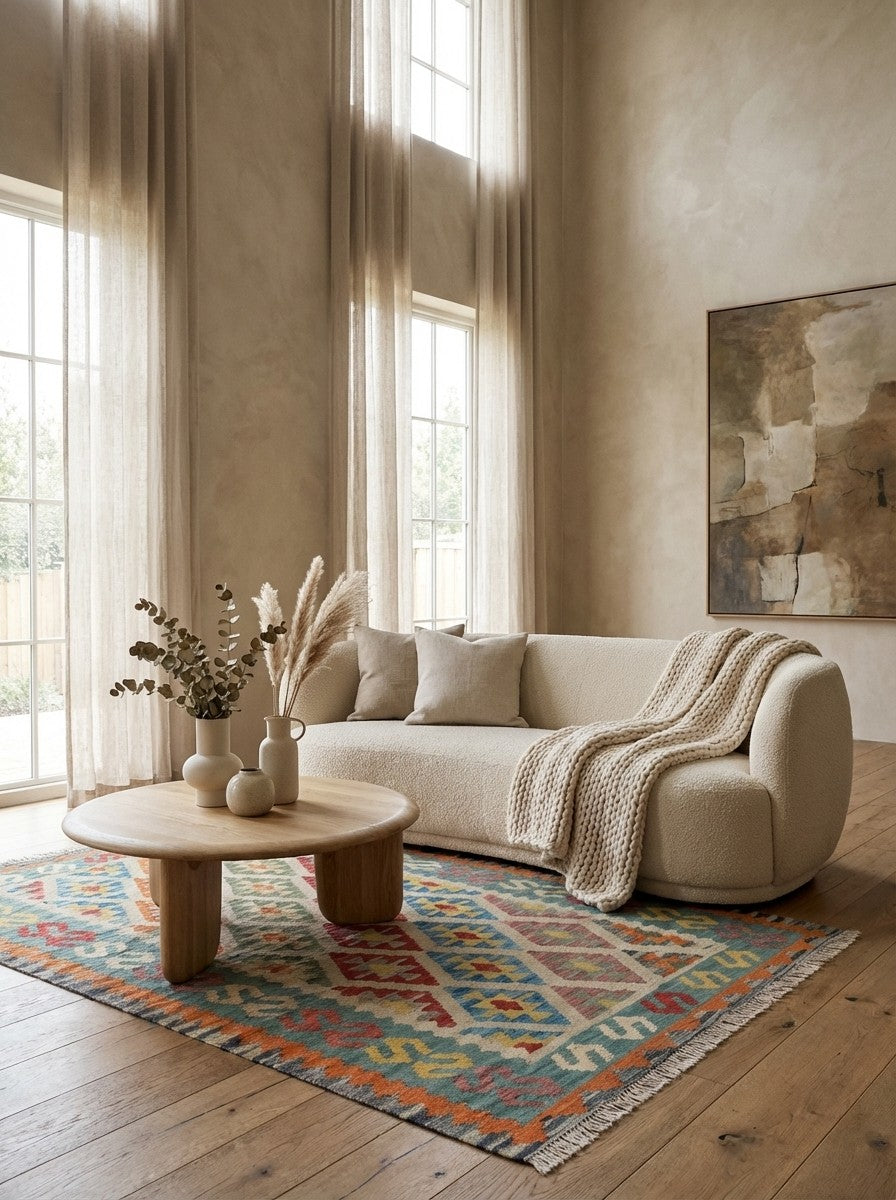 Kelim Gashgai — Handmade, 125x181 cm, Beige, 100% Virgin Wool | Detail view
