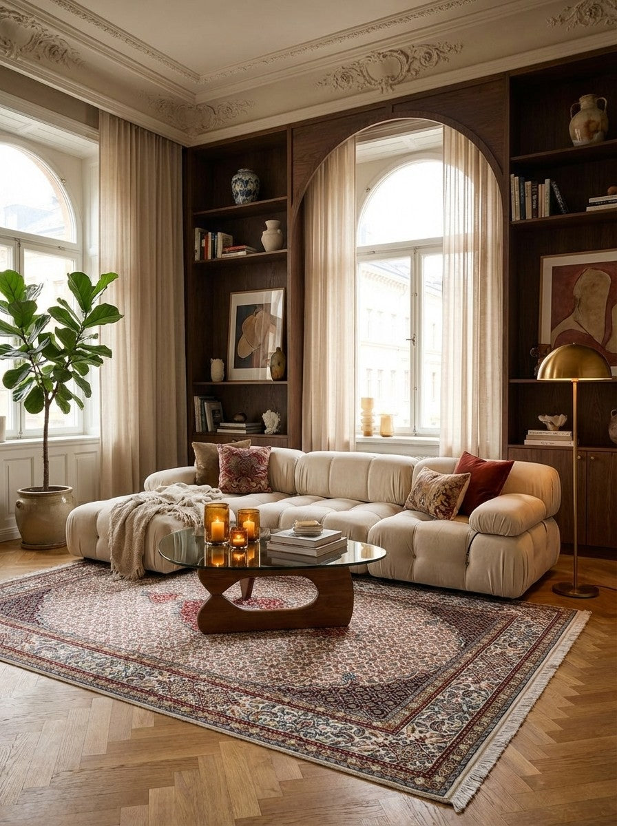 Moud Mahi — Hand-knotted, 155x233 cm, Beige, 100% Virgin Wool | Back view