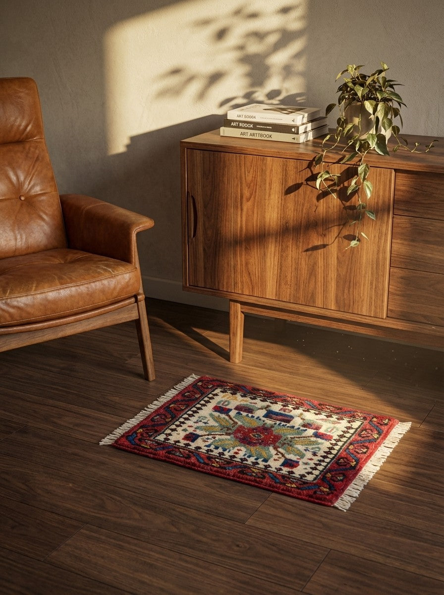 Afshar — Hand-knotted, 41x29 cm, Beige, 100% Virgin Wool | Back view