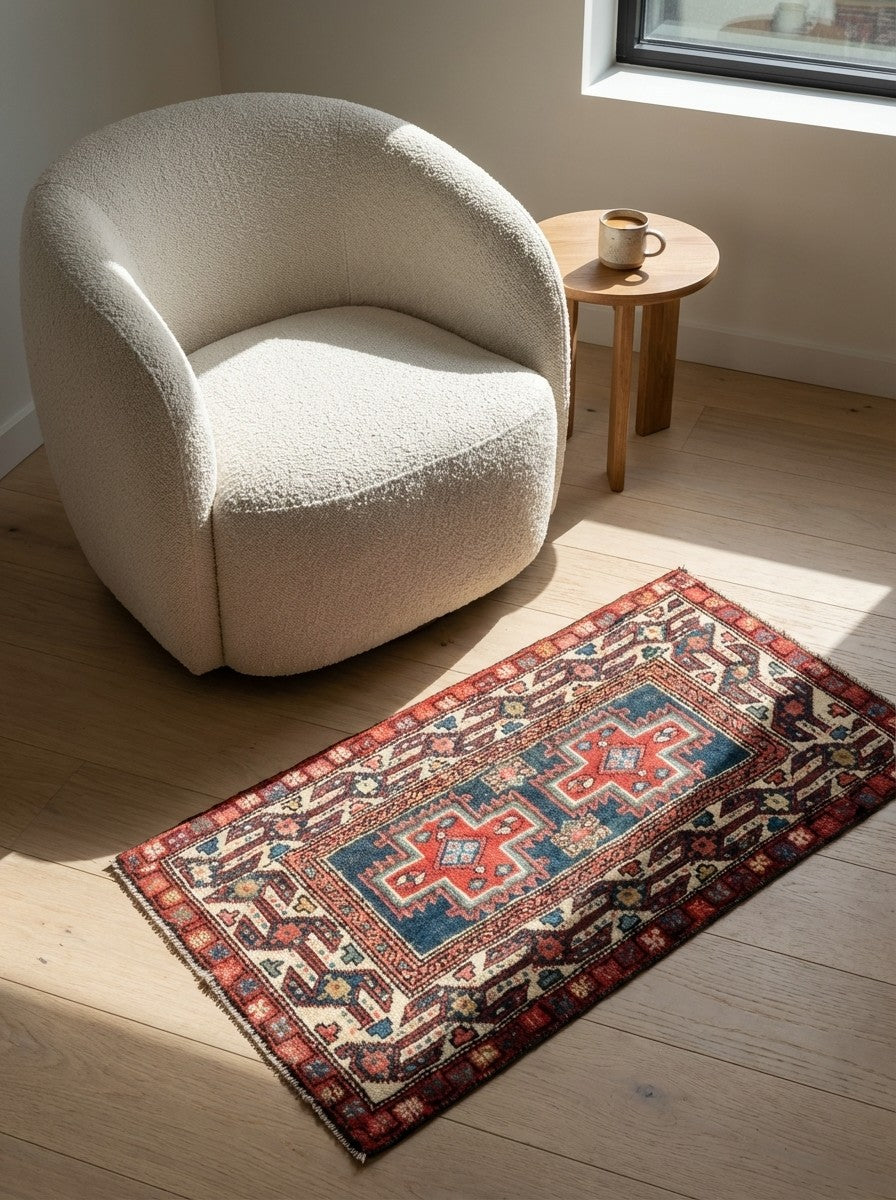 Shahsavan — Hand-knotted, 106x53 cm, Blue, 100% Virgin Wool | Detail view