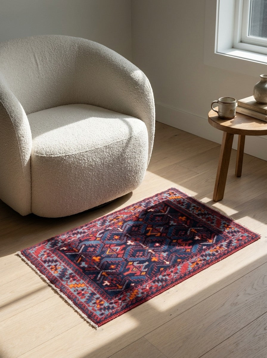 Afshar — Hand-knotted, 82x57 cm, Blue, 100% Virgin Wool | Detail view