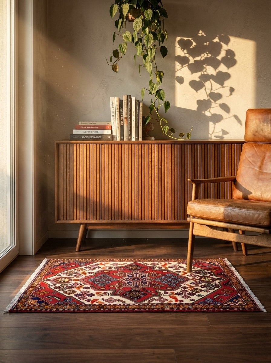 Saveh — Hand-knotted, 103x144 cm, Beige, 100% Virgin Wool | Back view