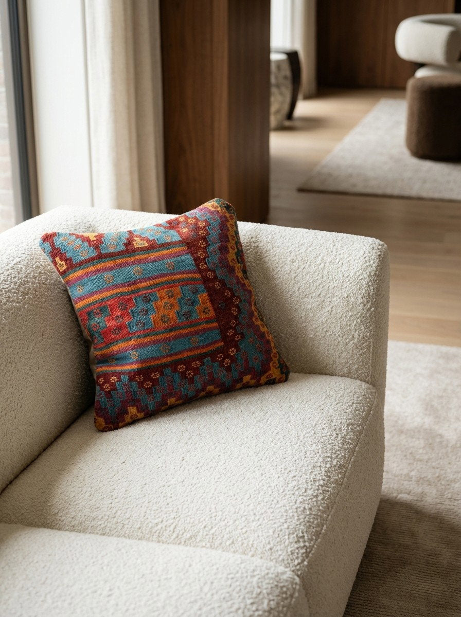 Kelim Kissen — Handgefertigt, 50x50 cm, Bunt, 100% Virgin Wool | Detail view