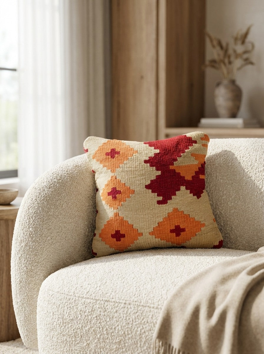 Kelim Kissen — Handmade, 50x50 cm, Multicolor, 100% Virgin Wool | Detail view