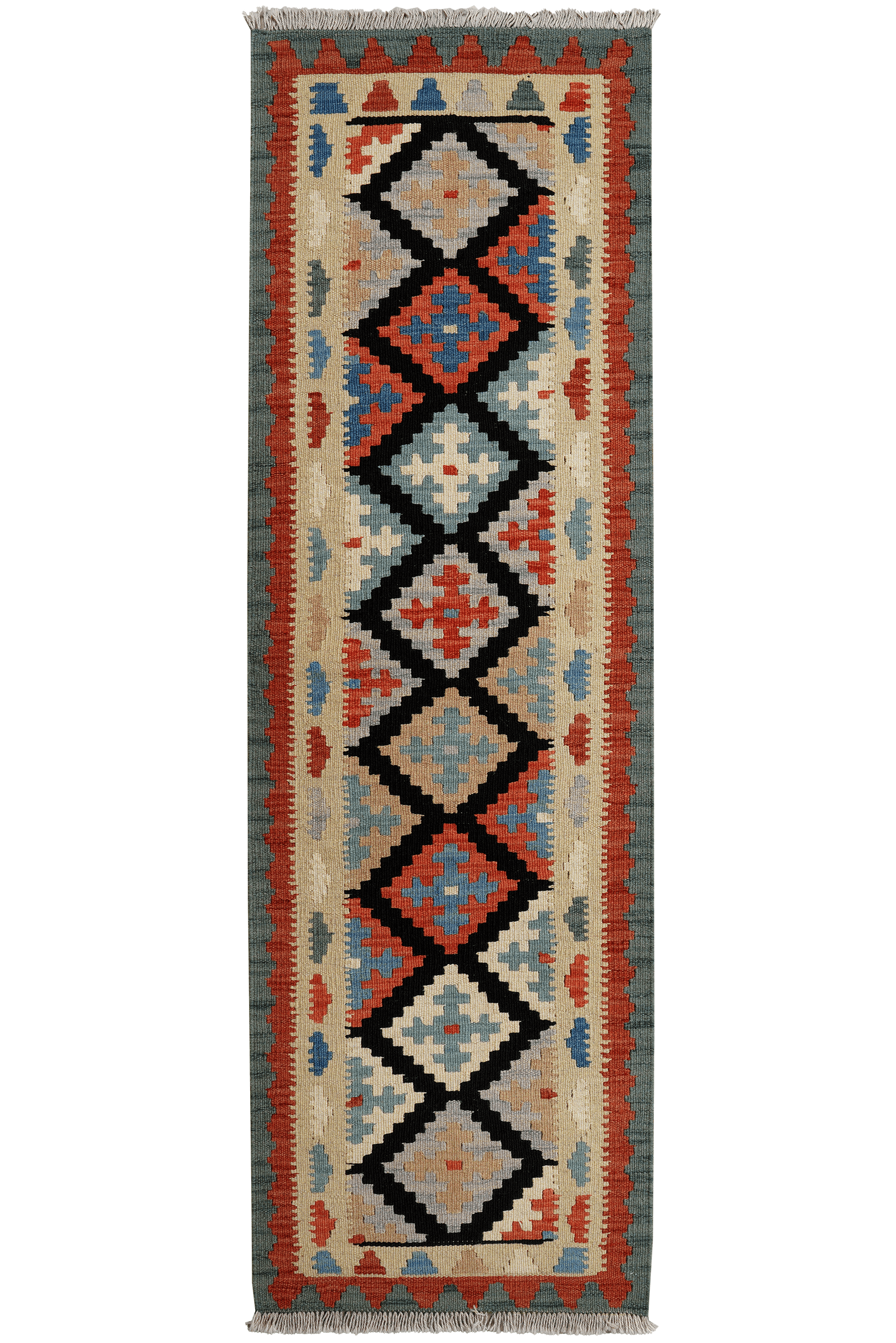 Kelim Gashgai — Handmade, 56x185 cm, Black, 100% Virgin Wool | Main view