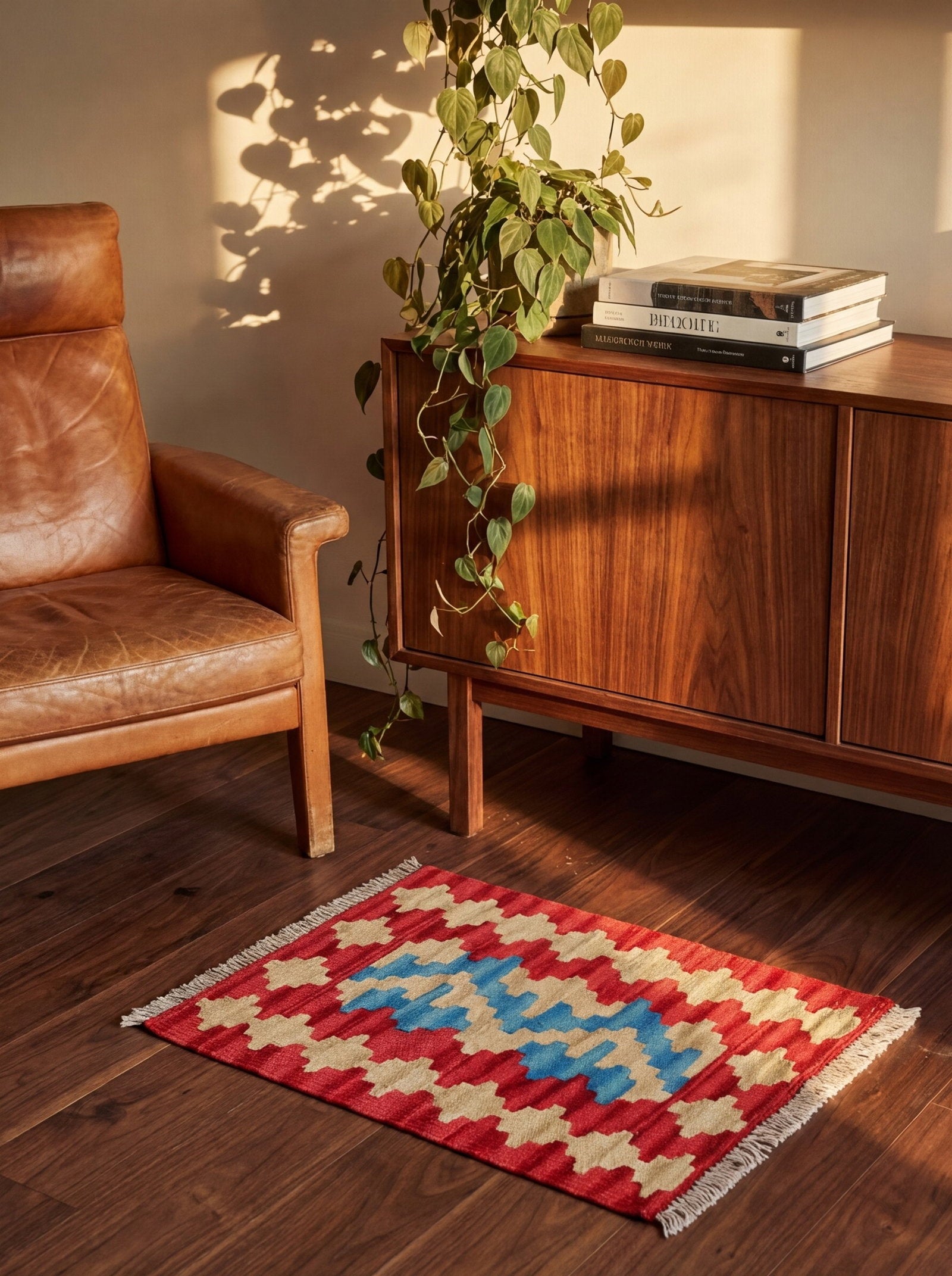 Kelim Gashgai — Handgefertigt, 57x44 cm, Rot, 100% Virgin Wool | Back view