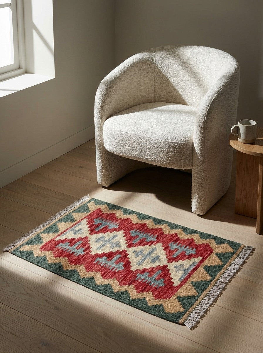 Kelim Gashgai — Handmade, 40x60 cm, Red, 100% Virgin Wool | Detail view