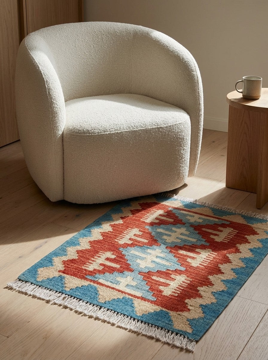 Kelim Gashgai — Handmade, 40x60 cm, Red, 100% Virgin Wool | Detail view