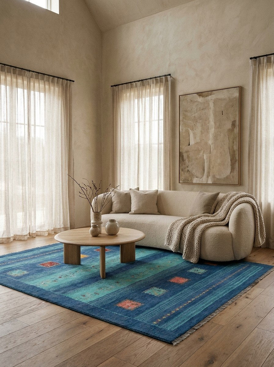 Gabbeh Sonnat — Handgefertigt, 193x154 cm, Blau, 100% Virgin Wool | Detail view