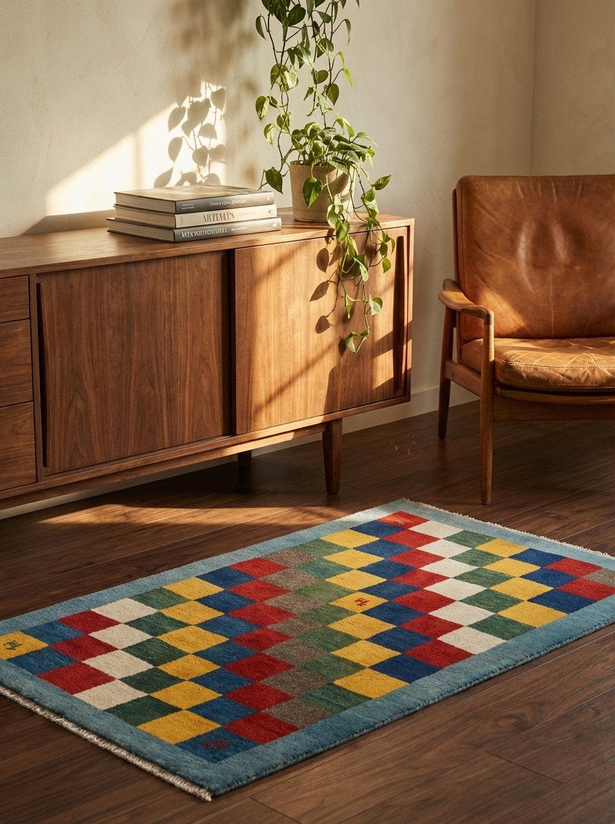 Rizbaf — Handgefertigt, 175x107 cm, Blau, 100% Virgin Wool | Back view