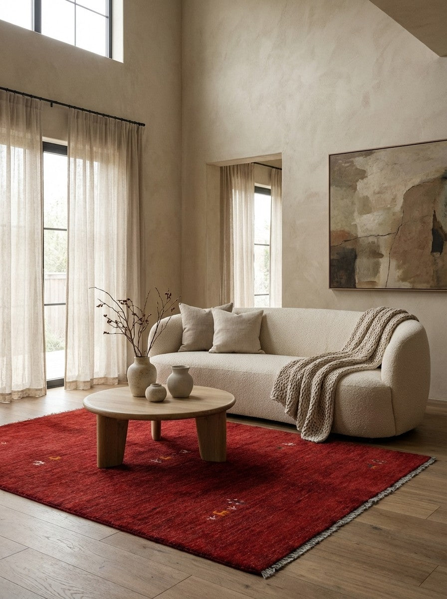 Gabbeh — Hand-knotted, 150x193 cm, Red, 100% Virgin Wool | Detail view