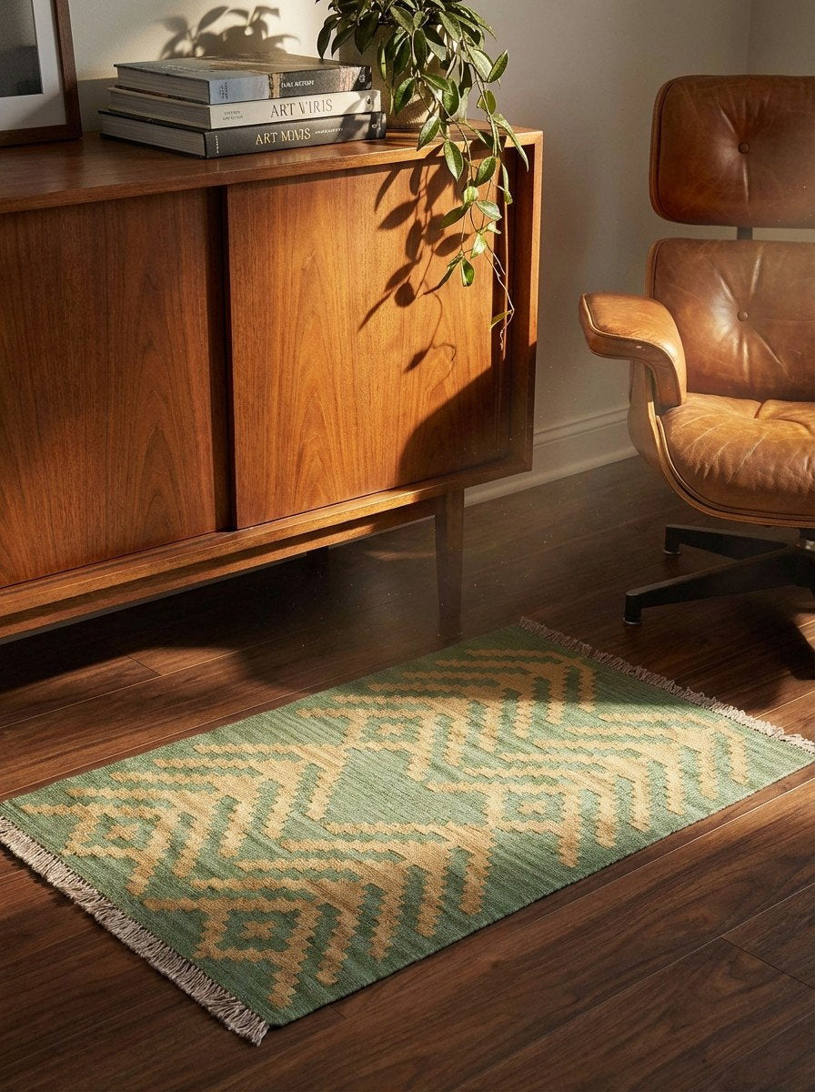 Kelim Gashgai — Handgefertigt, 88x61 cm, Grün, 100% Virgin Wool | Back view