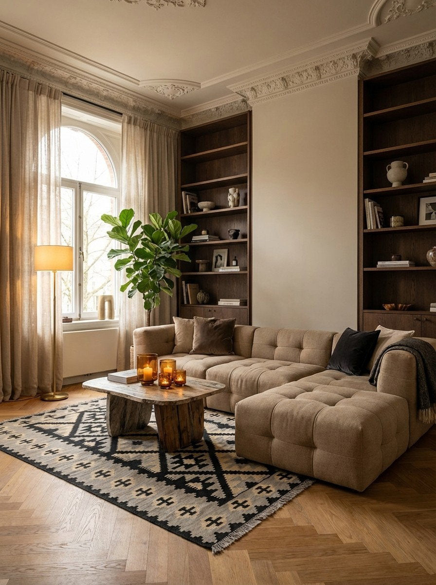 Kelim Gashgai — Handgefertigt, 195x149 cm, Beige, 100% Virgin Wool | Back view