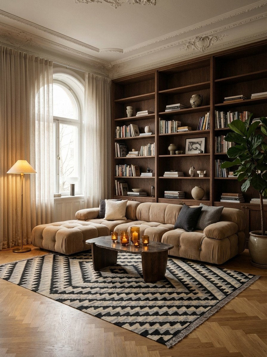 Kelim Gashgai — Handgefertigt, 194x154 cm, Beige, 100% Virgin Wool | Back view