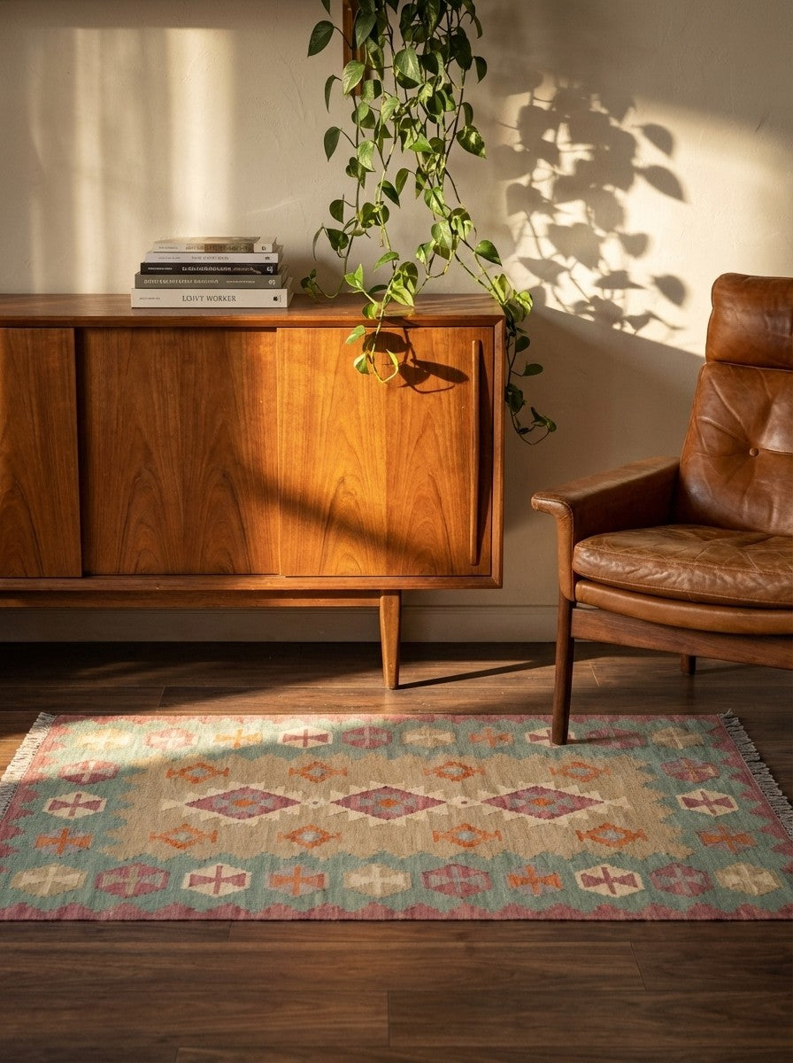 Kelim Gashgai — Handmade, 103x150 cm, Beige, 100% Virgin Wool | Back view