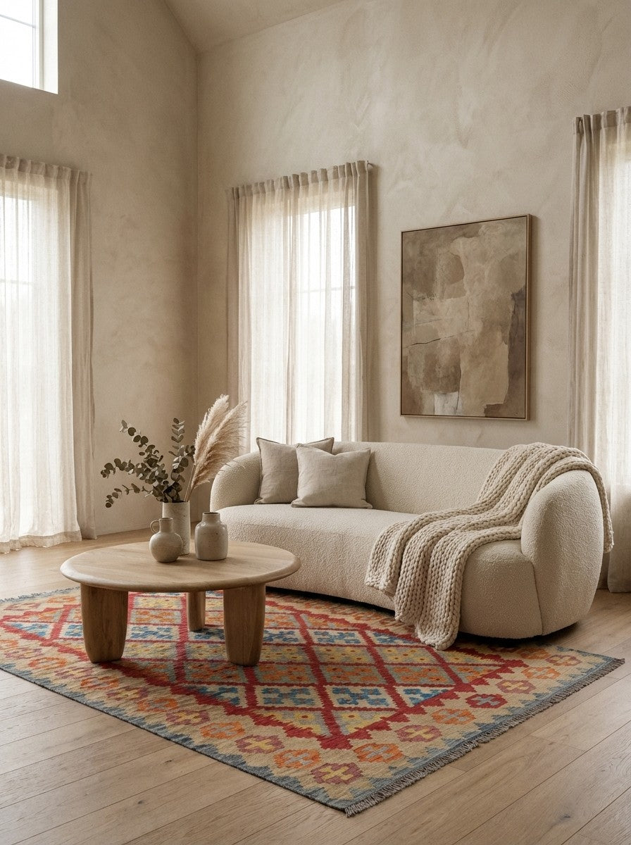 Kelim Gashgai — Handmade, 174x235 cm, Red, 100% Virgin Wool | Detail view