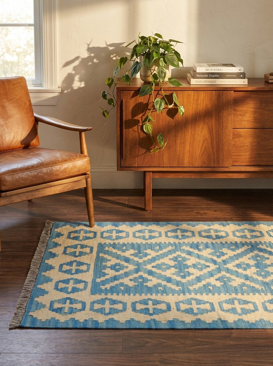 Kelim Gashgai — Handgefertigt, 125x84 cm, Blau, 100% Virgin Wool | Back view