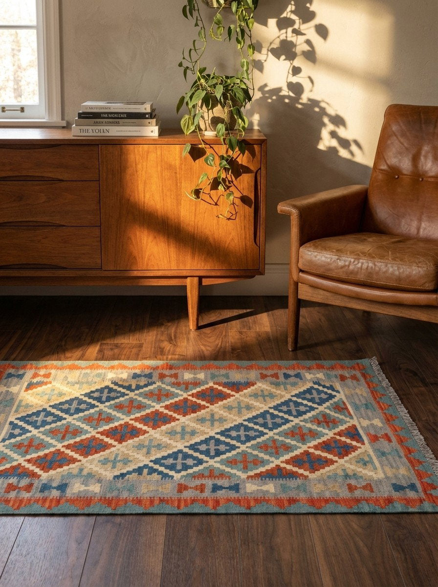 Kelim Gashgai — Handgefertigt, 152x106 cm, Grau, 100% Virgin Wool | Back view