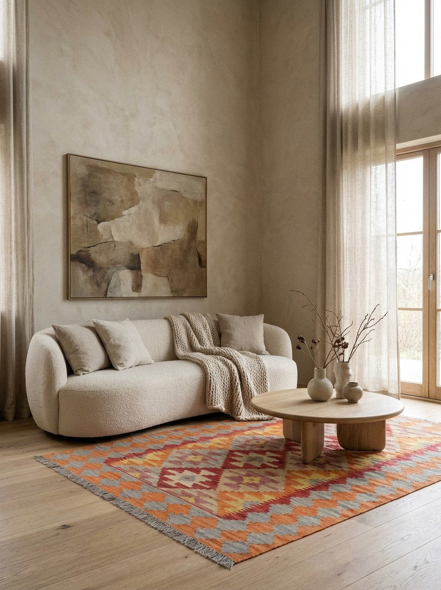 Kelim Gashgai — Handgefertigt, 182x129 cm, Beige, 100% Virgin Wool | Detail view