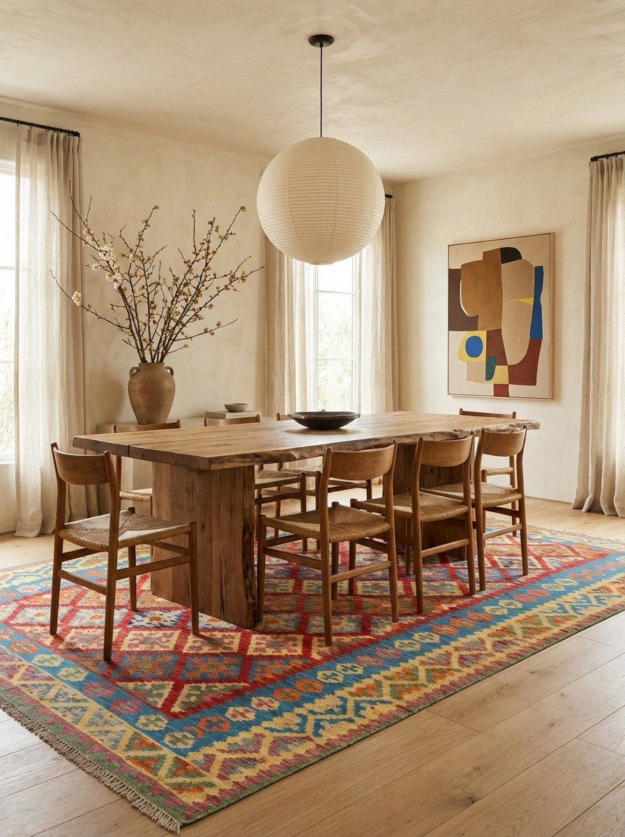 Kelim Gashgai — Handgefertigt, 400x306 cm, Beige, 100% Virgin Wool | Detail view