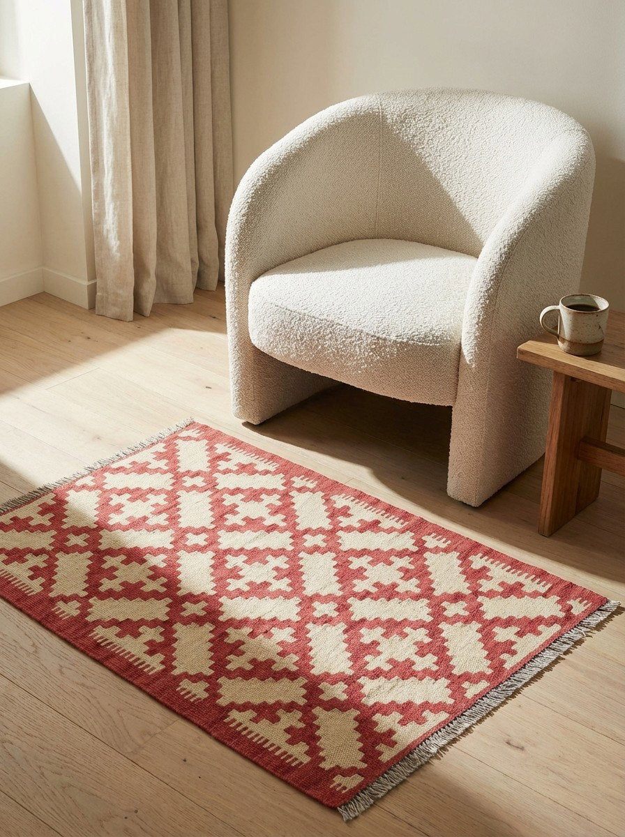 Kelim Gashgai — Handgefertigt, 91x64 cm, Rot, 100% Virgin Wool | Detail view