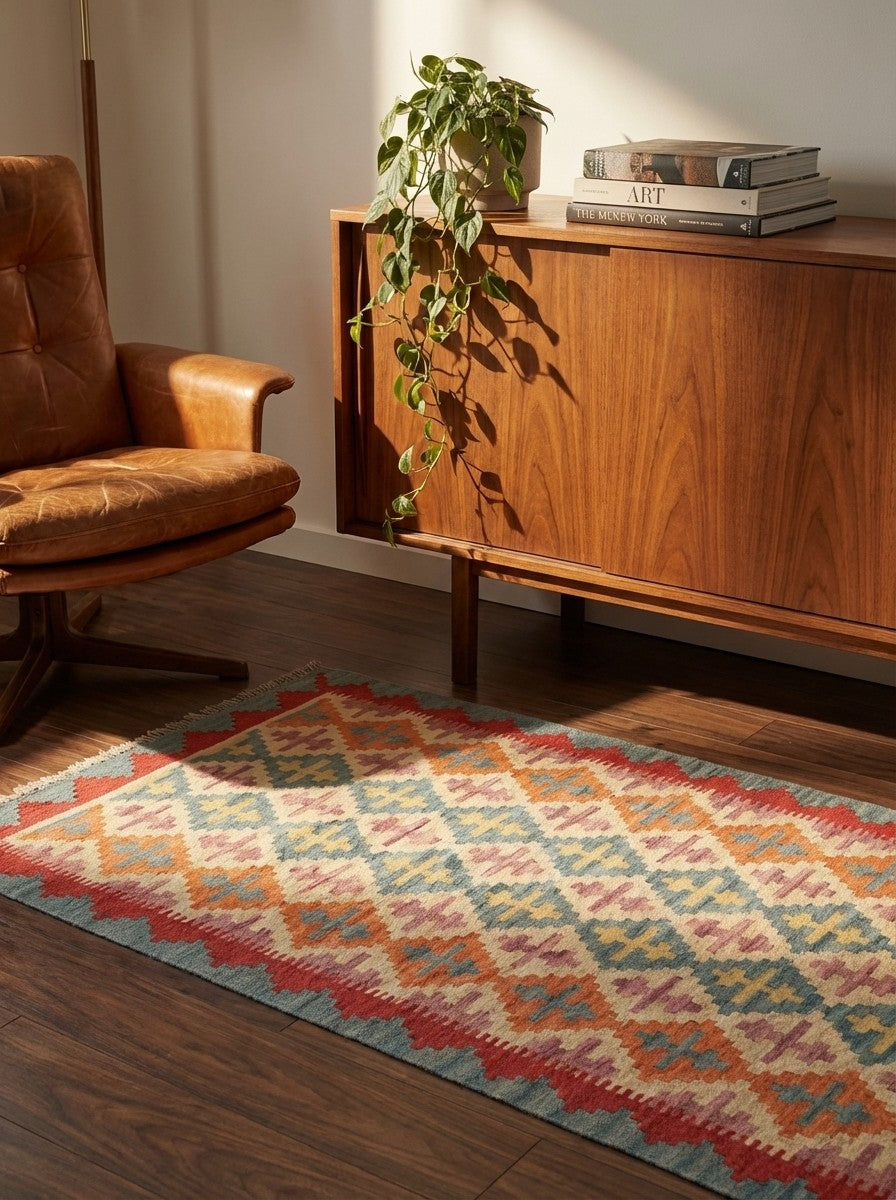 Kelim Gashgai — Handmade, 86x201 cm, Beige, 100% Virgin Wool | Back view