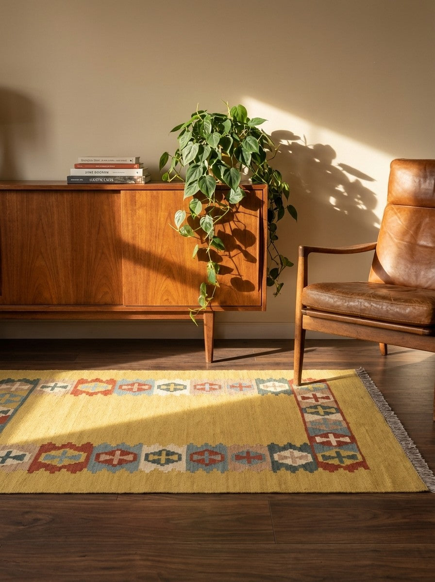 Kelim Gashgai — Handmade, 105x152 cm, Yellow, 100% Virgin Wool | Back view
