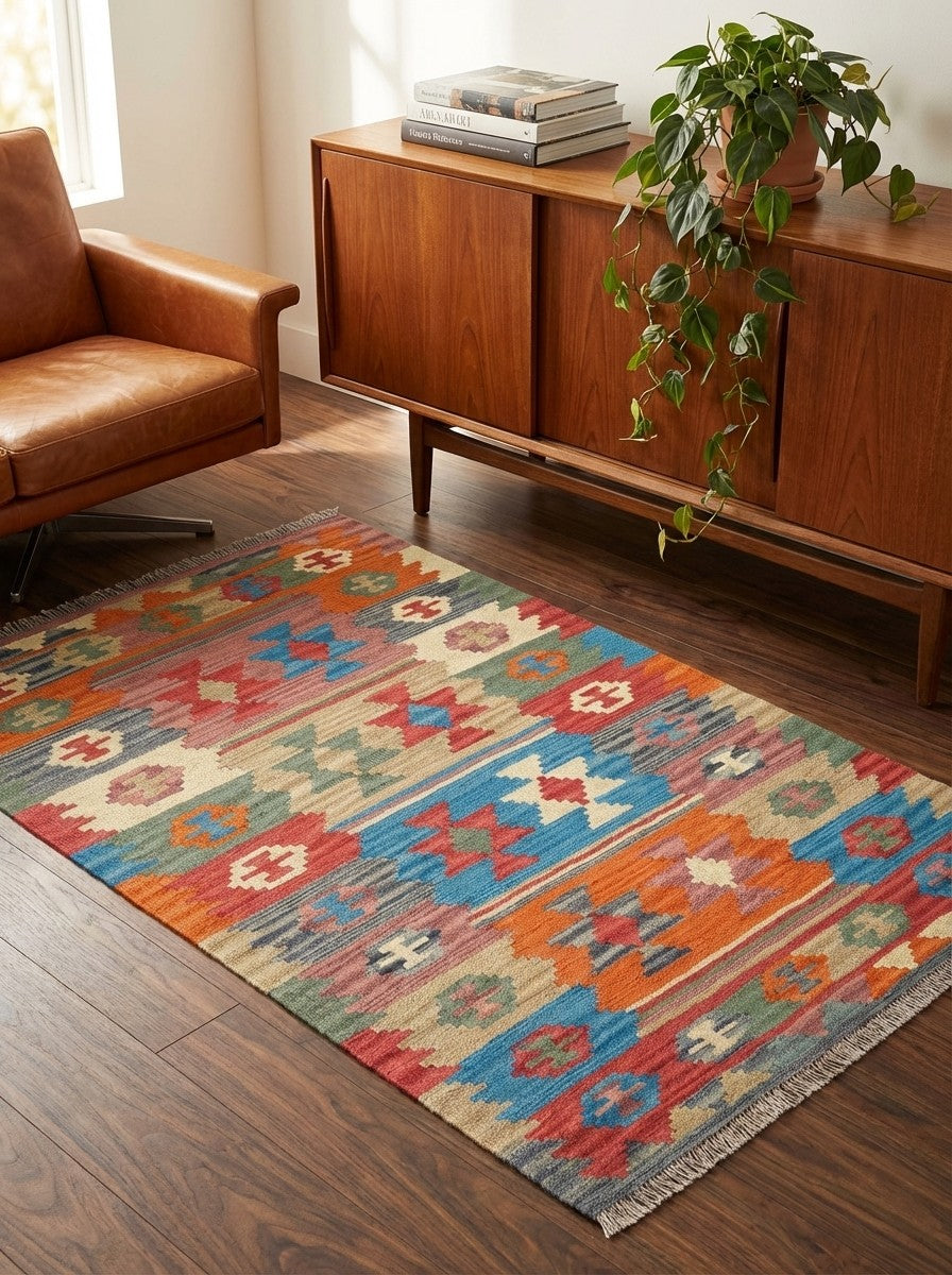 Kelim Gashgai — Handmade, 103x150 cm, Multicolor, 100% Virgin Wool | Back view