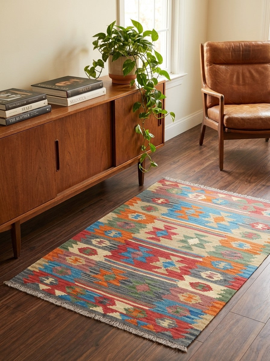 Kelim Gashgai — Handmade, 104x153 cm, Multicolor, 100% Virgin Wool | Back view