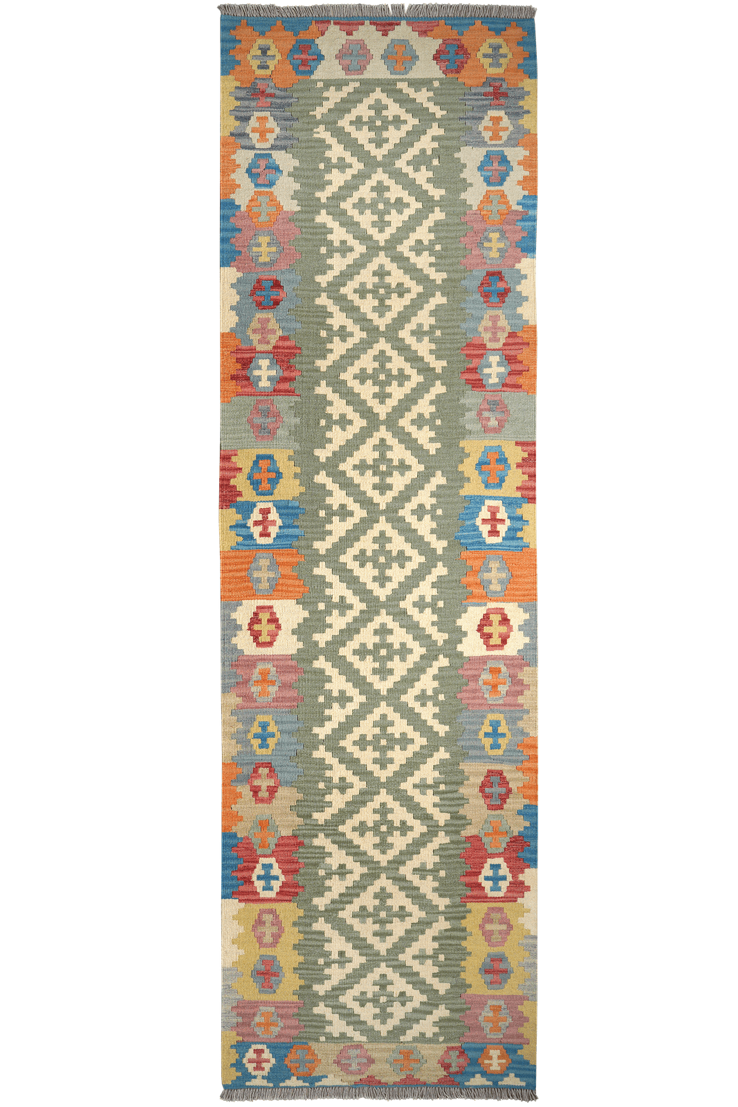 Kelim Gashgai — Handmade, 86x299 cm, Green, 100% Virgin Wool | Main view
