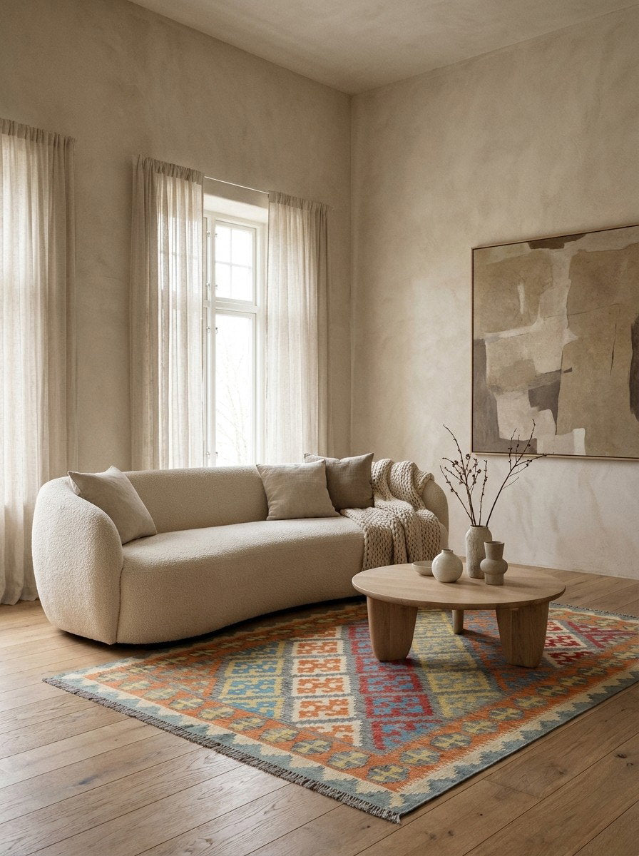 Kelim Gashgai — Handgefertigt, 217x153 cm, Orange, 100% Virgin Wool | Detail view