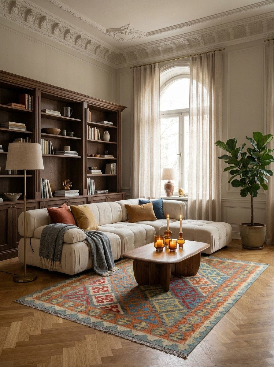 Kelim Gashgai — Handgefertigt, 217x153 cm, Orange, 100% Virgin Wool | Back view